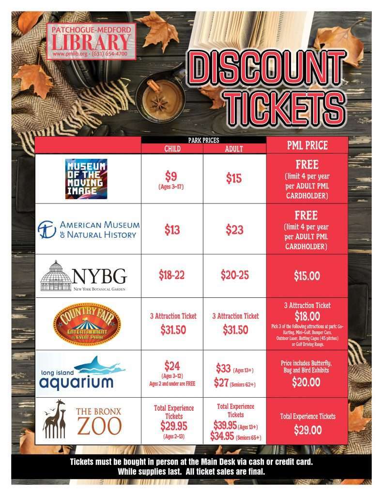 Discount Tickets. Call 631-654-4700 x150 for availability.