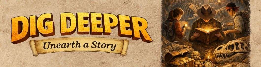 2026 summer reading logo dig deeper, unearth a story next to an illustration of three teen explorers