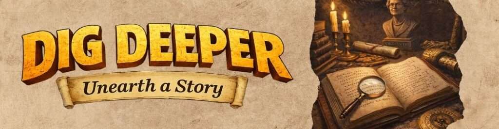 2026 summer reading logo dig deeper, unearth a story next to an illustration of a book with a magnifying glass on it and artifacts in the background
