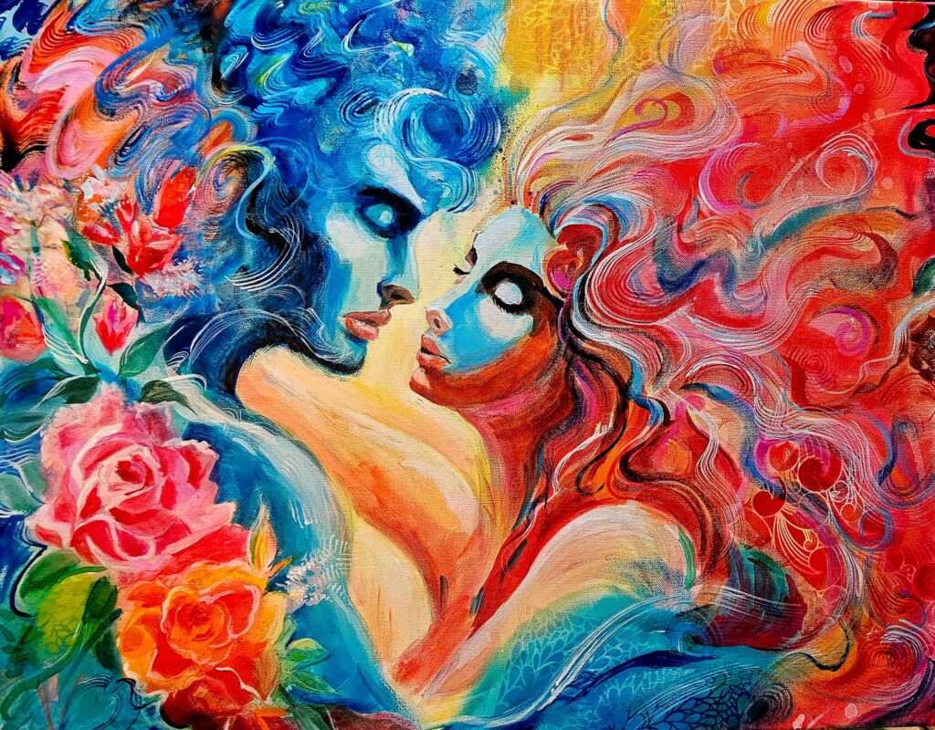 A colorful couple face each other. One figure is blue and the other is red. Their eyes are closed.