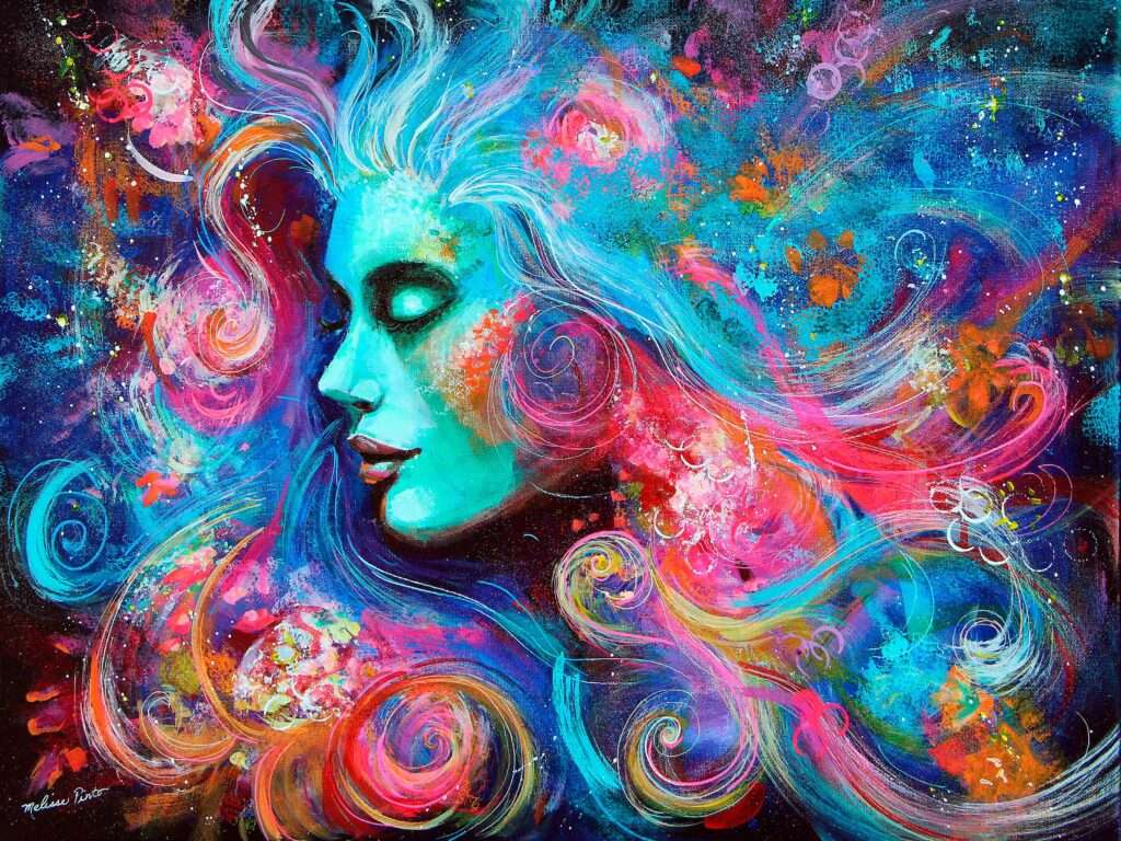 A cosmic profile-view of a woman's face that consists of colorful swirls.