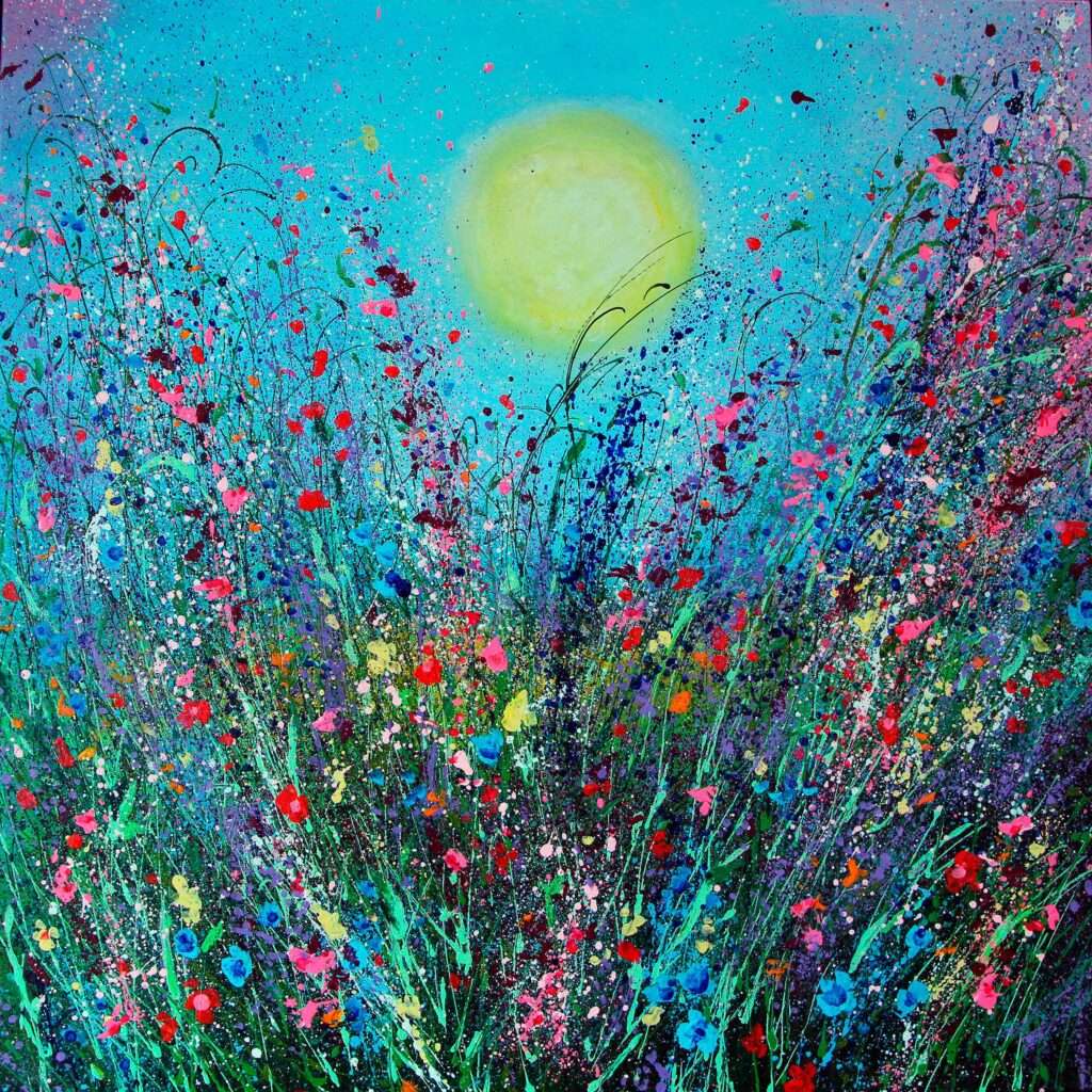 Colorful field of painterly flowers shown against a blue background with a yellow sun.