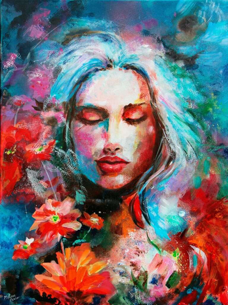 A portrait of a young woman with a field of red flowers at the bottom. Her eyes are closed.