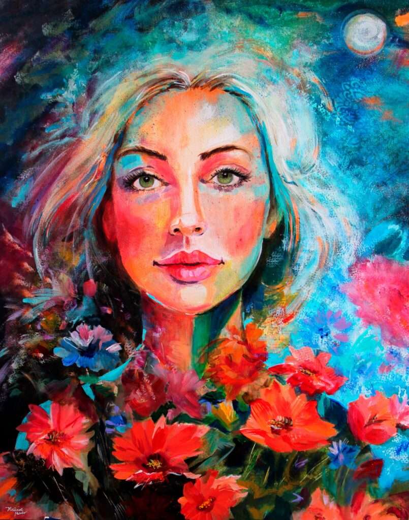 A portrait of a young woman with a field of red flowers at the bottom. Her eyes are open