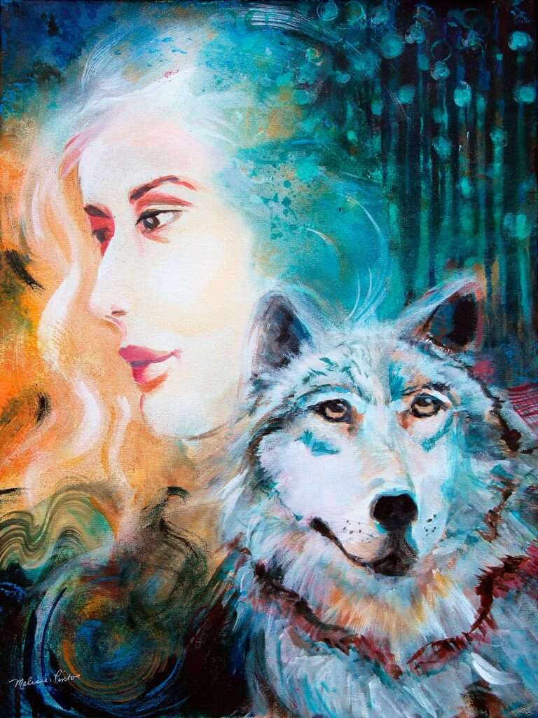 A woman is shown in profile-view on the left side. A wolf appears on the right.