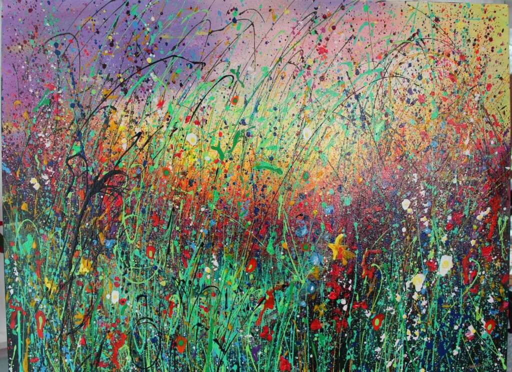 Colorful field of painterly flowers shown against a purple and yellow background.