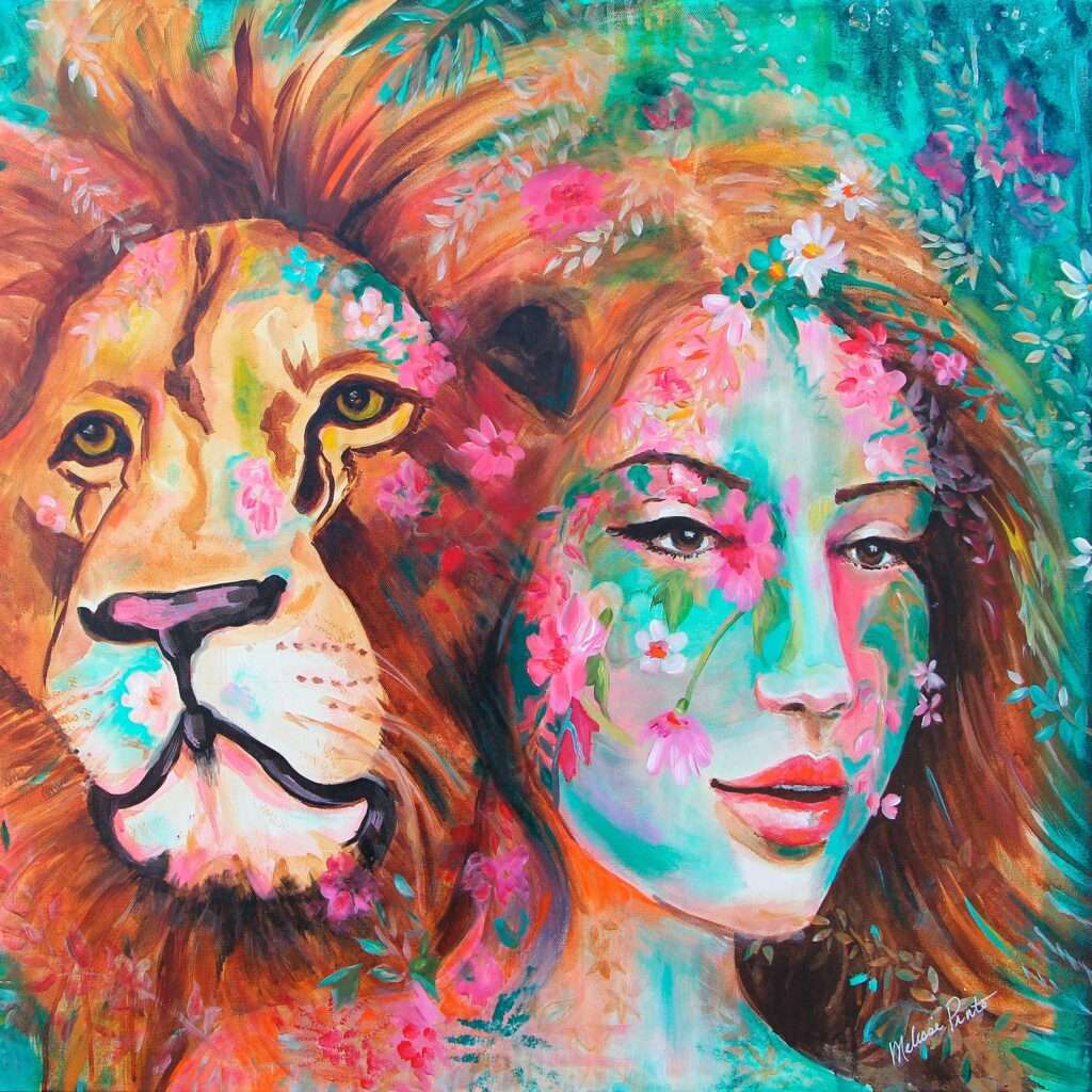 A colorful portrait of a woman and a lion. The colors are mostly teal and pink.