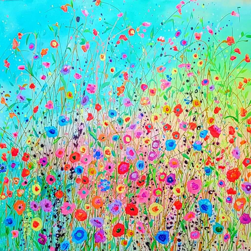 Colorful field of painterly flowers shown against a light blue-green background.