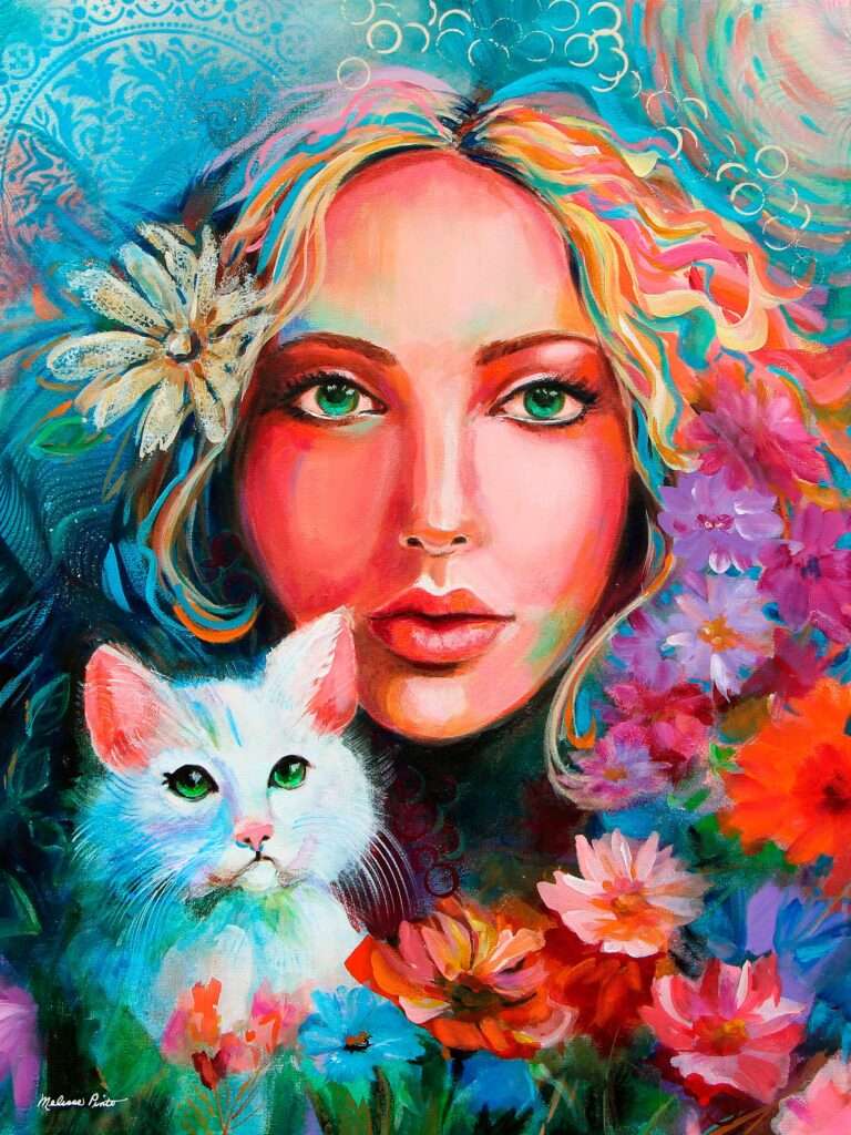 A colorful portrait of a woman with blonde hair and a cat. Colorful flowers populate the lower part of the composition.