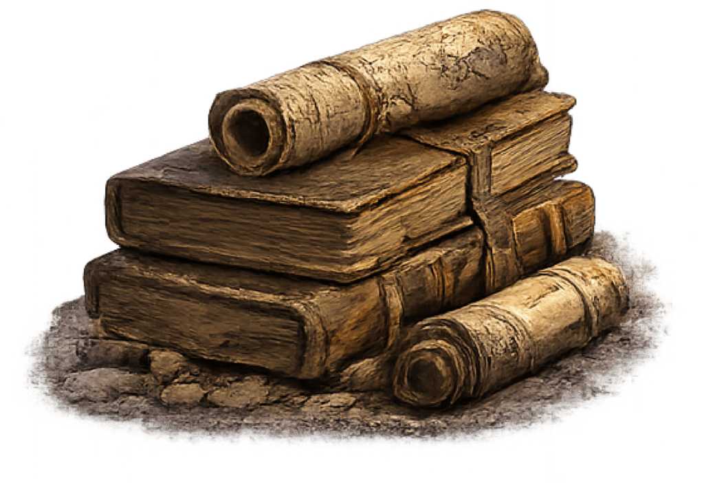 two books stacked on top of each other with a scroll on top of them, and a scroll in front of them