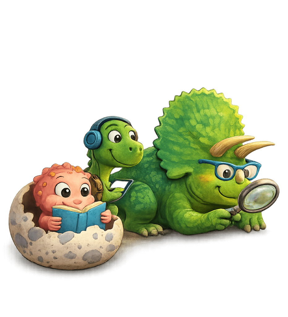 three dinosaurs sitting together reading, listening to an ebook, and looking for clues.