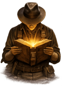 person with hat holding book with illuminating light coming out of it