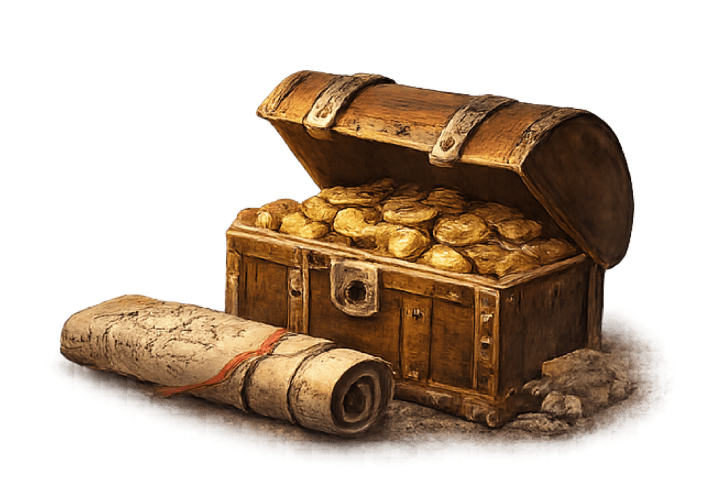 treasure chest with scroll in front of it