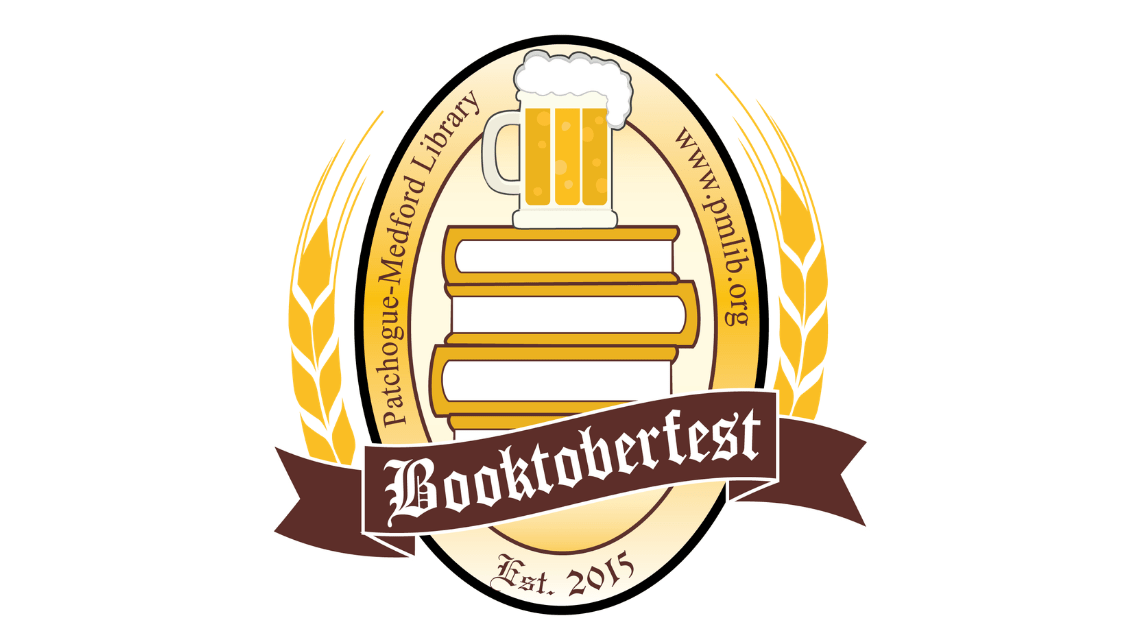 booktoberfest logo, stack of books with beer glass on top